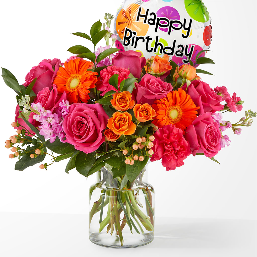 Fiesta Bouquet with Birthday Balloon – The Whiting Flower Shop, Whiting IN