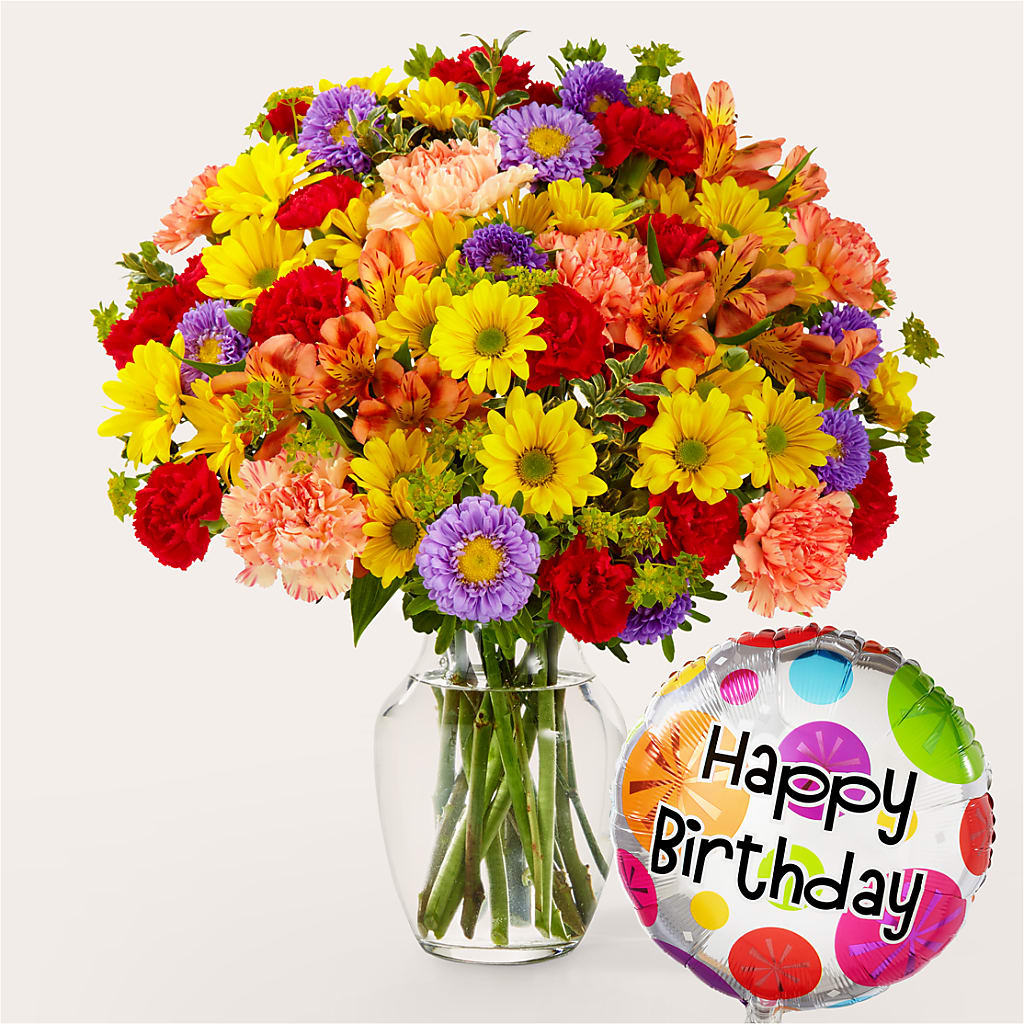 Kaleidoscope Bouquet with Birthday Balloon – The Whiting Flower Shop, Whiting IN