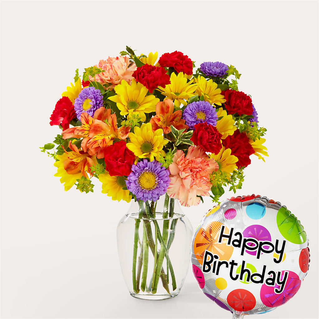 Kaleidoscope Bouquet with Birthday Balloon – The Whiting Flower Shop, Whiting IN