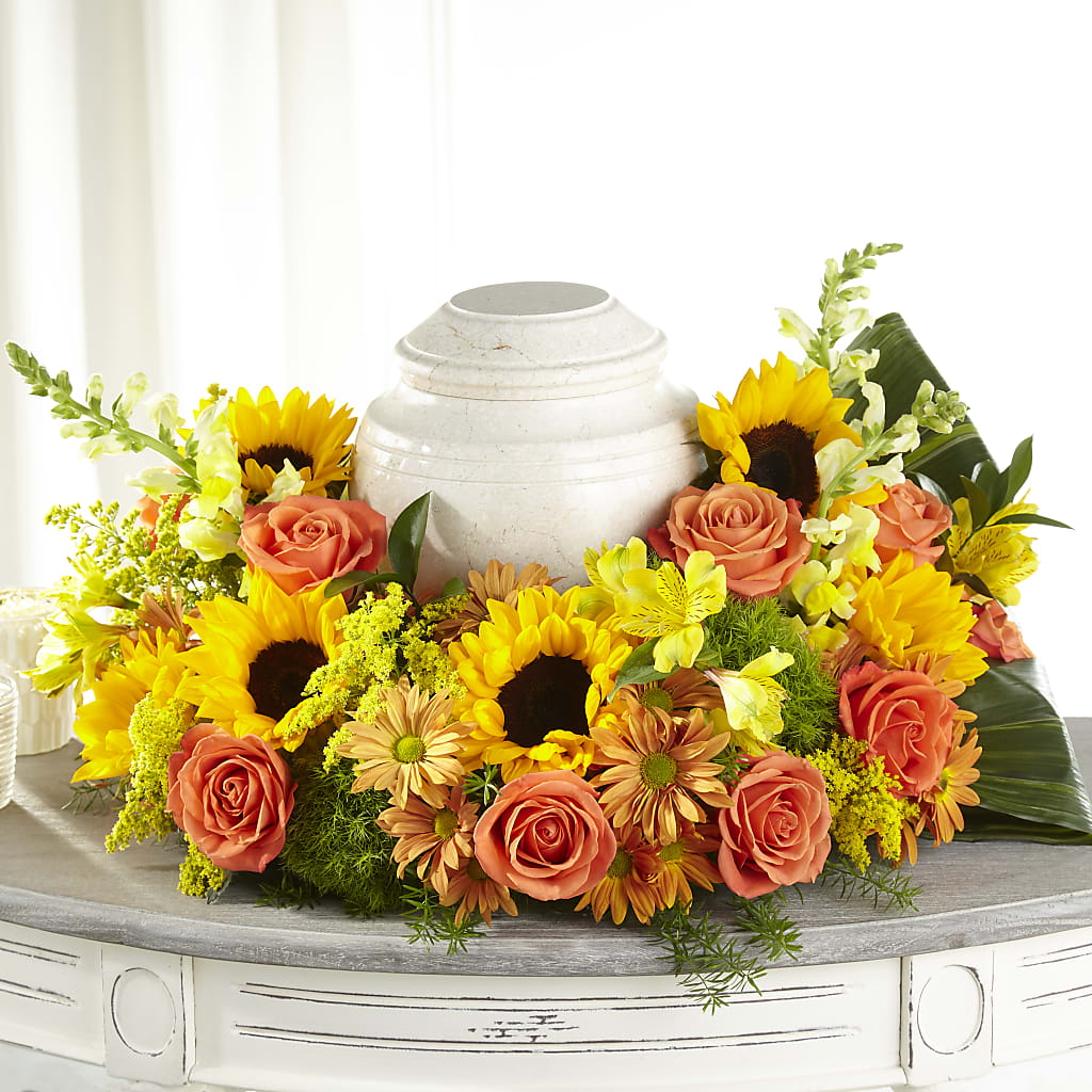 Faithful Sunflower Cremation Adornment – The Whiting Flower Shop, Whiting IN