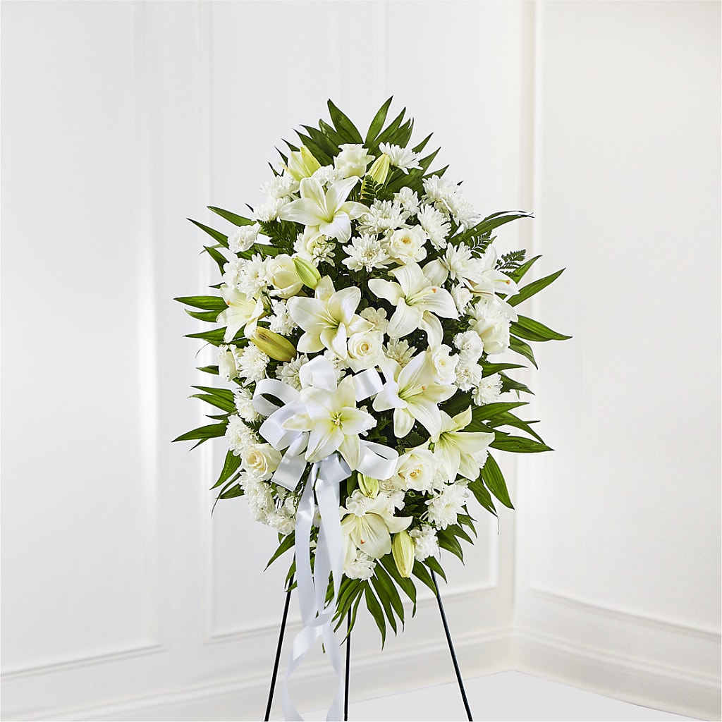 Exquisite Tribute Standing Spray-White Ribbon – The Whiting Flower Shop, Whiting IN